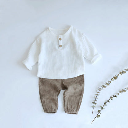 2pcs Baby Boy Muslin Organic Cotton Long Sleeve Outfit, T-shirt + Loose Pants - Grey, Beige, Blue, Green