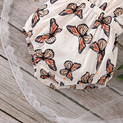 Baby Girl Butterfly Print Ruffle Trim Square Neck Crisscross Back Bodysuit - Beige