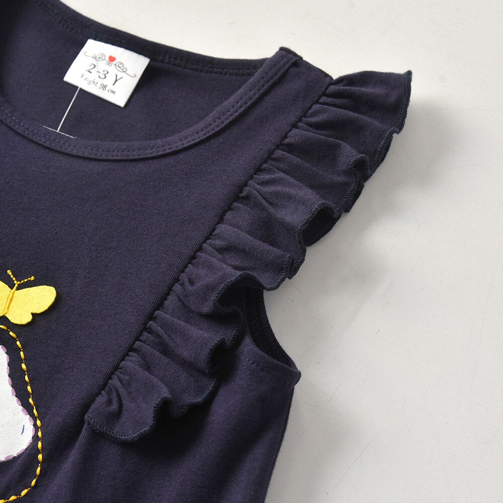 Girls Flower Print with Sequins and Flare Sleeve Cotton T-Shirt - Navy Blue