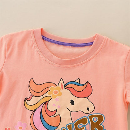Сotton T-Shirt with Unicorn and Short Sleeves for Girls - Pink
