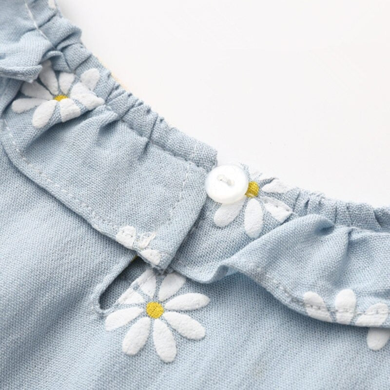 Fashion Floral Print Long Sleeve Cotton Blouse - White, Blue.