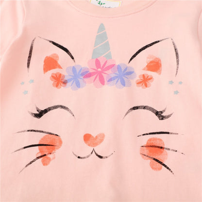 Girls Peachy Cat Print Long Sleeve Cotton Top.
