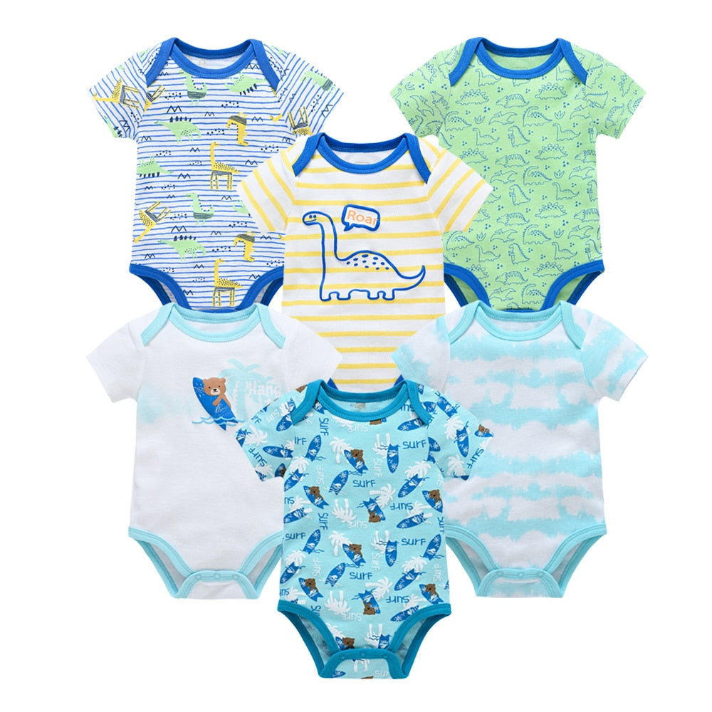 6 pcs/pack Baby Boys Summer Short Sleeve Cartoon Print Cotton Bodysuits - Yellow, White, Blue, Green.