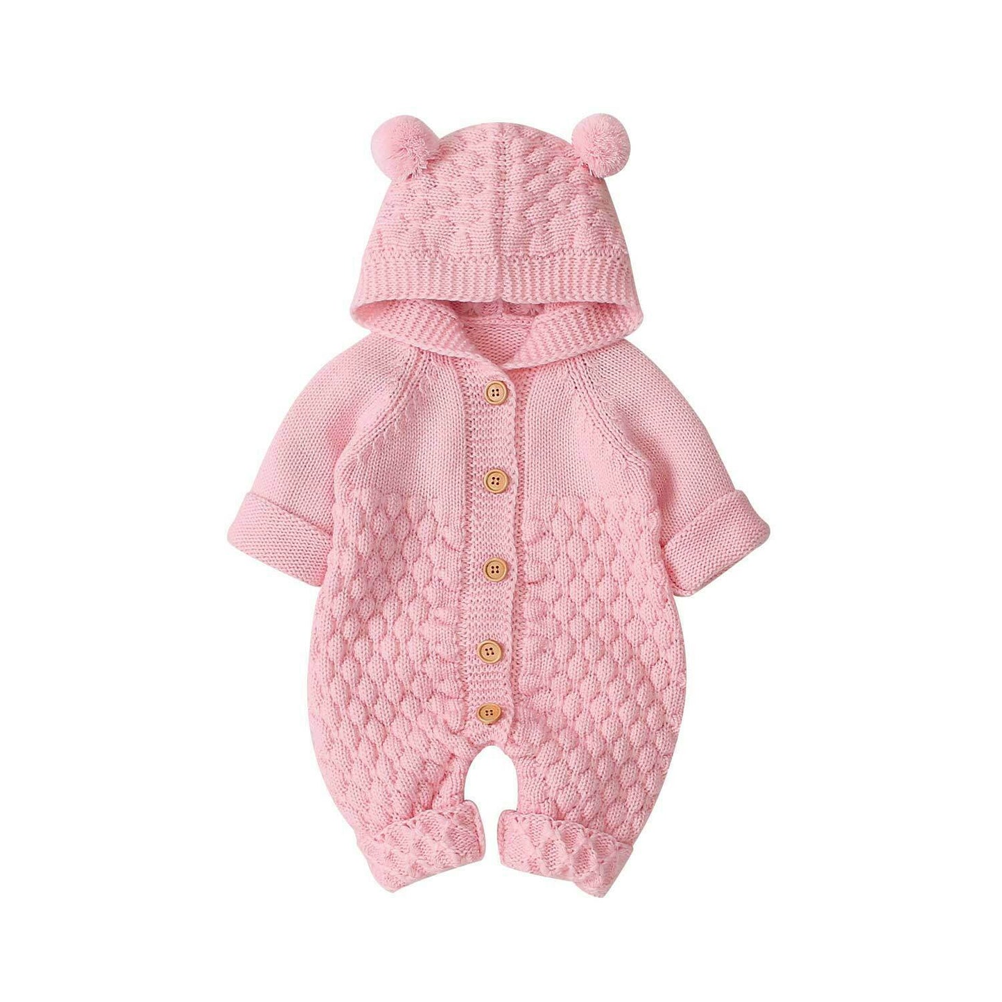 Newborn Infant Unisex Autumn-Winter Knitted Jumpsuit with a Hood - White, Pink