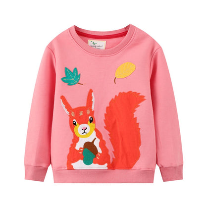 New Arrival Girls Bird Squirrel Unicorn Applique Cotton Sweatshirts - Orange, Pink, Navy.
