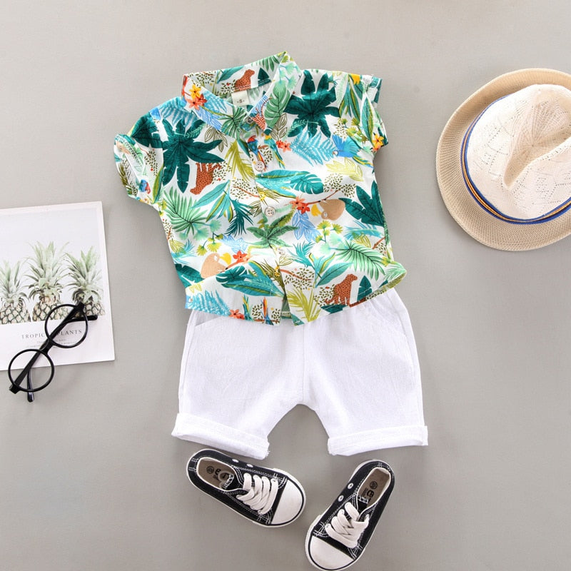 2pcs Baby Boys Cotton Summer Clothing Set of Shirt & Shorts - White, Grey, Pink.