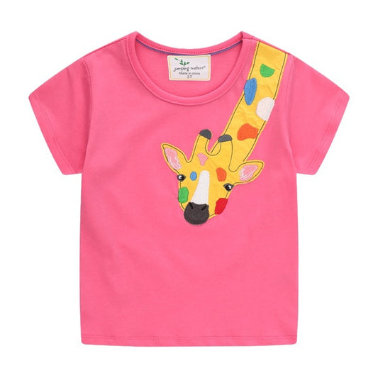 Girls Summer Short Sleeve Cotton T-shirt with Animals Embroidery - Fuchsia.