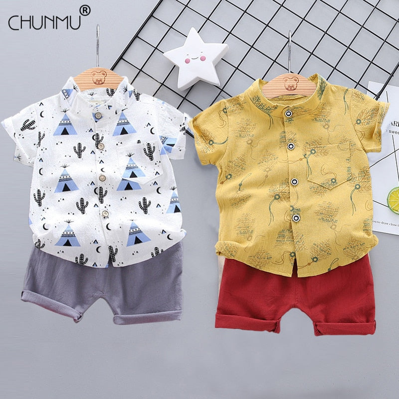 2pcs Baby Boys Cotton Summer Clothing Set of Shirt & Shorts - Beige, Navy Blue, Yellow.