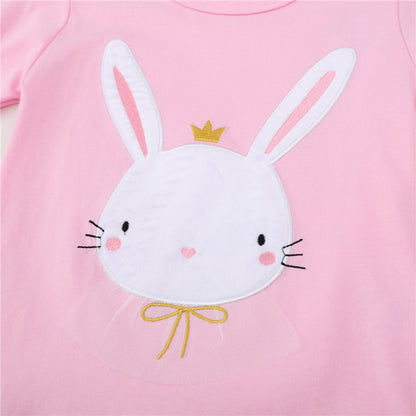 Girls Cute Bunny Print Long Sleeve Cotton Top - Pink.