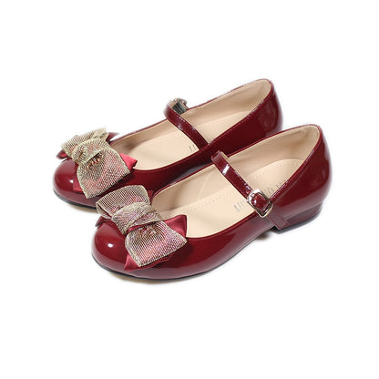 Low Heel Bowknot Girls Patent Leather Shoes - Pink, Red, Black, Wine Red, White.