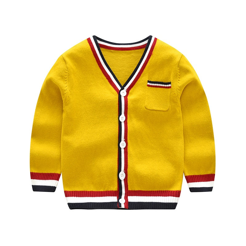 Spring Boys Single Breasted V-Neck Knitted Cardigan - Yellow, Red, Army Green, Blue.