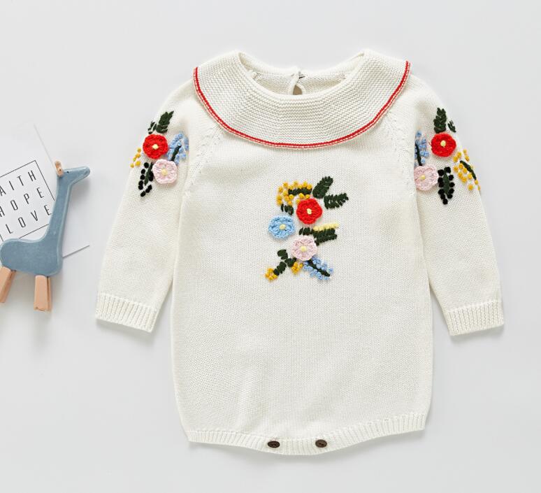 Newborn Baby Girl Flowers Embroidery Knitted Overall - White, Grey.