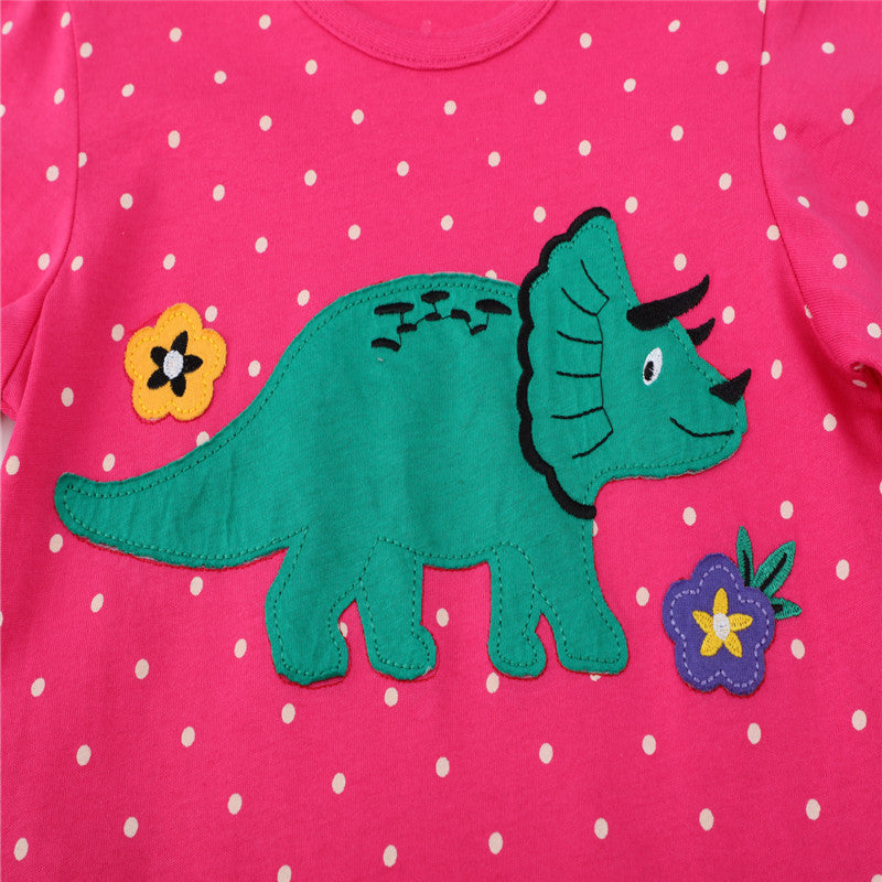 Girls Cartoon Dinosaur Print Long Sleeve Cotton T-Shirts - Fuchsia
