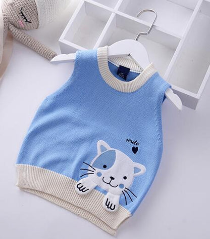 Girls Cartoon Embroidered Cat Knitted Vest - Blue, Green, Lavender.