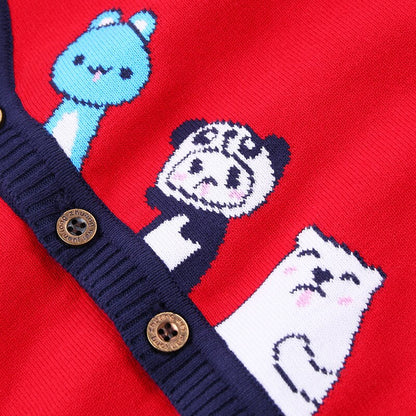 New Toddler Boy Cartoon Animals Knitted Cardigan - Red, Navy Blue, Yellow