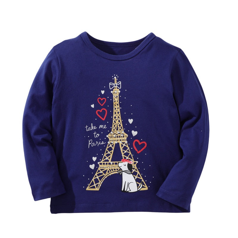 Girls The Eiffel Tower Print Long Sleeve Cotton Top - Navy Blue.