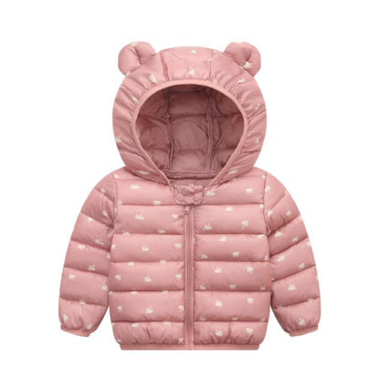 Baby Girls Boys Light Down Cute Jacket with Ear Hoodie - Pink, Green, Navy.
