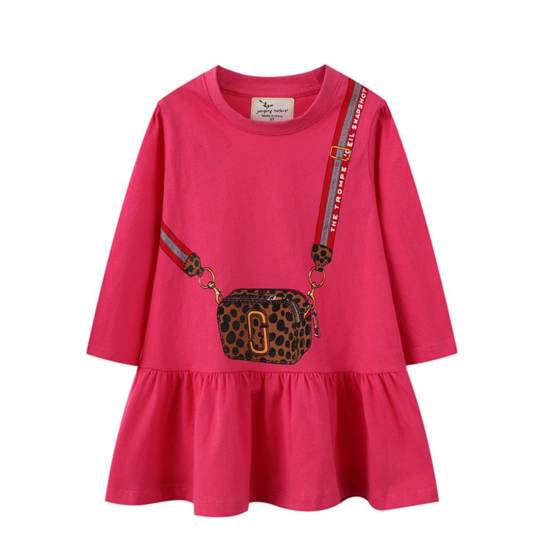 Hot Selling Baby Girls Animals Print Long Sleeve Cotton Dresses - Grey, Red, Navy Blue.