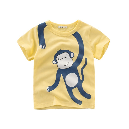 Kids Cartoon Animals Short Sleeve Cotton T-shirt - Yellow, White.
