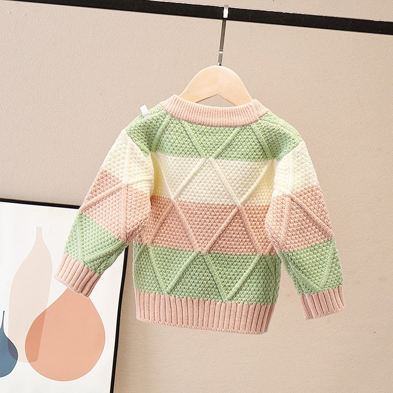 New Spring Kids Long Sleeve O-Neck Rhombus Knitted Sweater - Pink, White, Green.