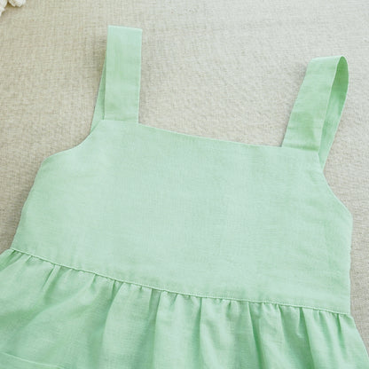 Girls' Summer Cotton and Linen Sleeveless Dress With Adjustable Shoulder Straps - Green, White.