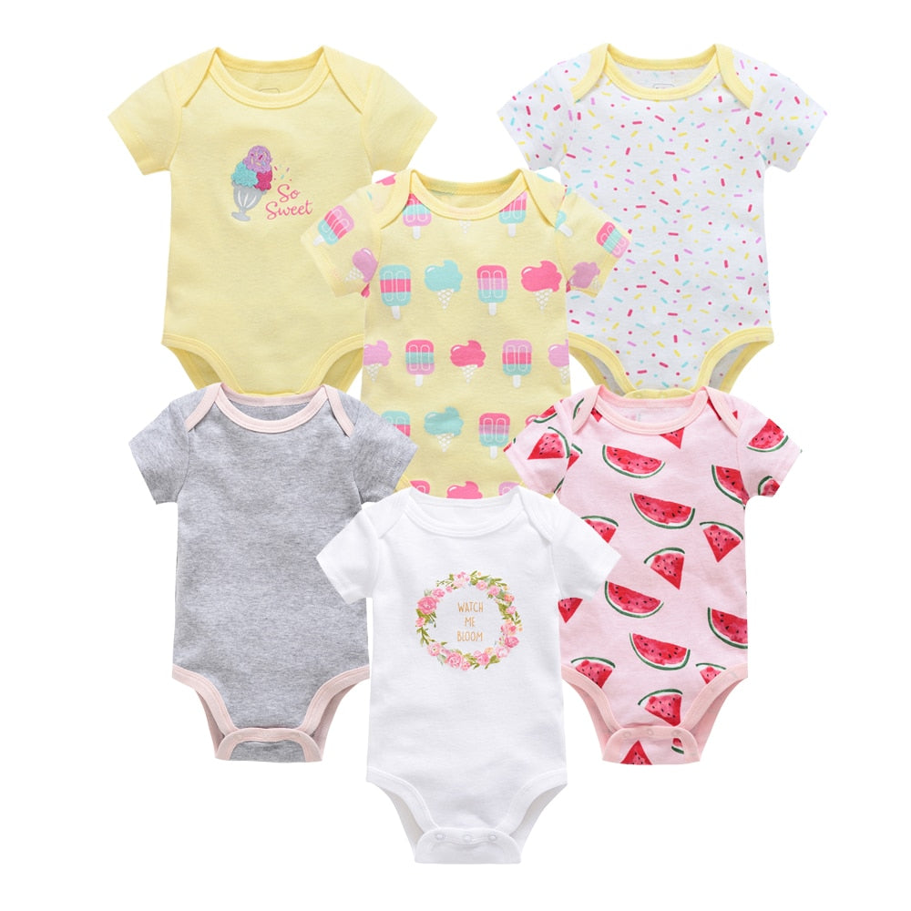 Summer Short Sleeve Cotton Bodysuits for Baby Girls, 6 pcs/pack - Pink, Purple, Yellow