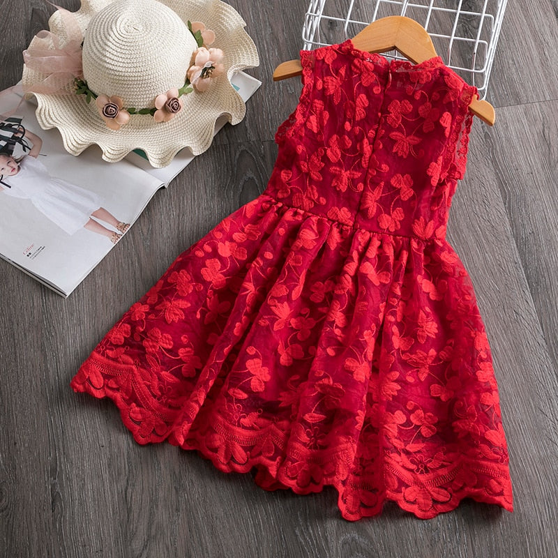 Baby Girls Sleeveless Lace Dress with Flower Pattern - Red, White.