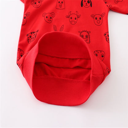 Kids Apples & Animals Print Long Sleeve Cotton Sweatshirts - Beige, Red.