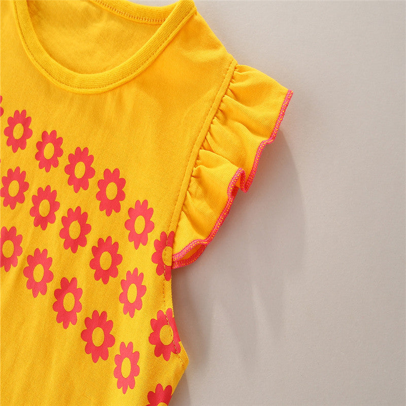 Summer Girls Bird Applique Ruffles Sleeve Cotton Outfit - Yellow, Pink