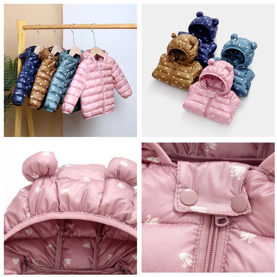 Baby Girls Boys Light Down Cute Jacket with Ear Hoodie - Pink, Green, Navy.