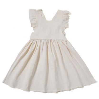 Summer Baby Girls Flying Sleeve Cotton Linen Dress - White, Blue, Yellow, Green, Red, Beige.
