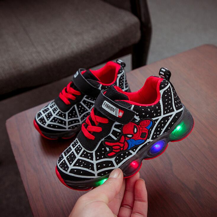Kids Spiderman Glowing Breathable Led Sneakers - Black.