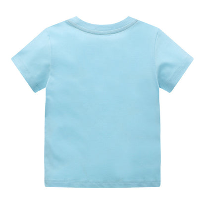 Summer Girls Animals Embroidery Cotton T-shirt - Blue.