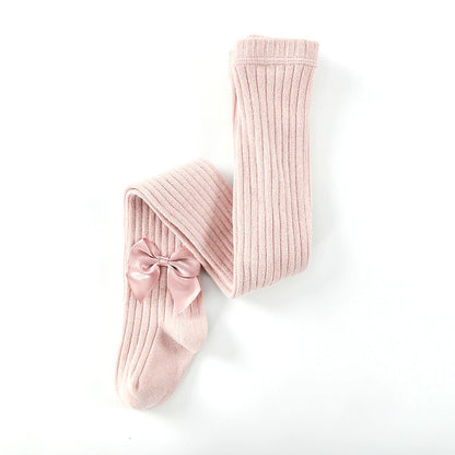 Girls Cotton Tights with Bow - Grey, Pink, Khaki, Coffee, White, Black