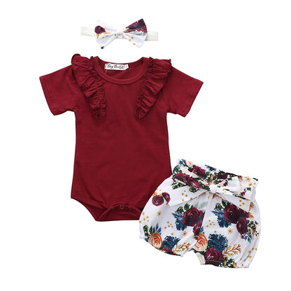 3 Piece Girls Short Sleeve Outfit with Floral Shorts & Headband - Blue, Khaki, Red, Grey, Yellow, White
