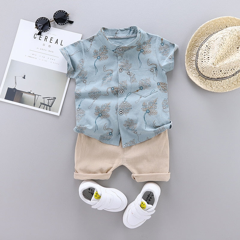2pcs Baby Boys Cotton Summer Clothing Set of Shirt & Shorts - Grey, Blue.