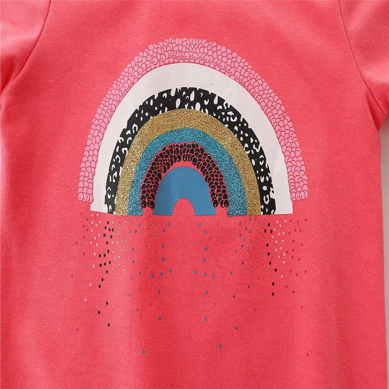 Girls Long Sleeve Cartoon Rainbow Cotton Sweatshirt - Hot PInk.