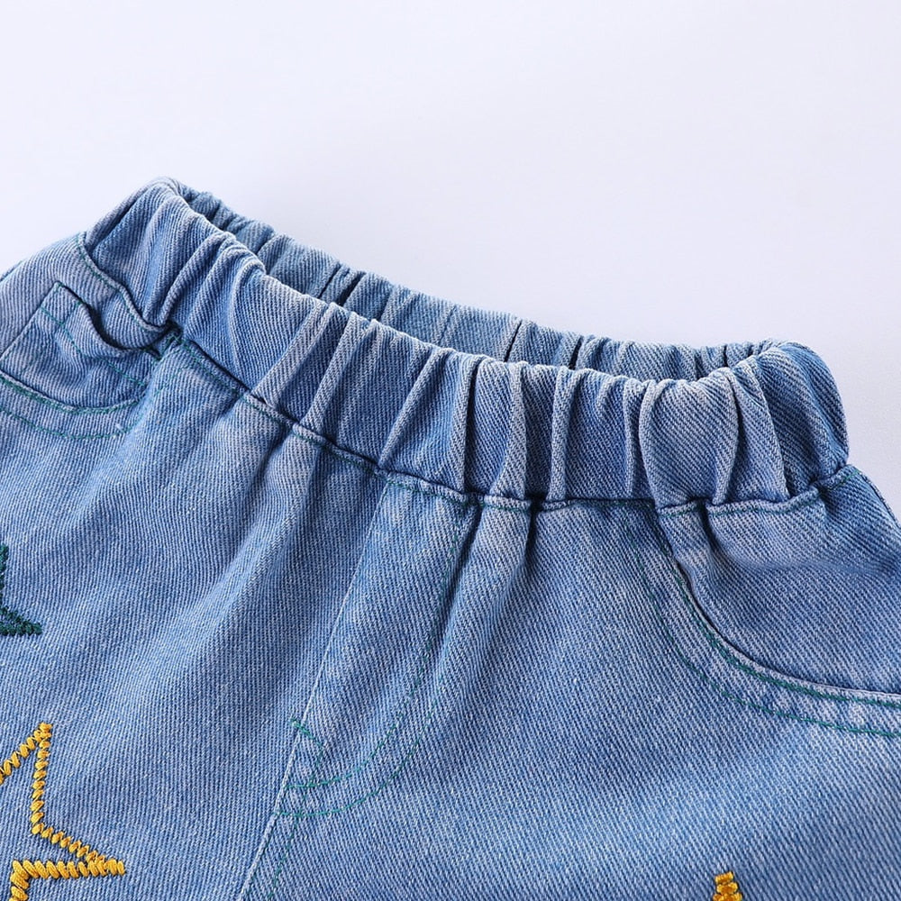 Mudkingdom Girls Sets Ruffle Striped Tops and Denim Shorts.