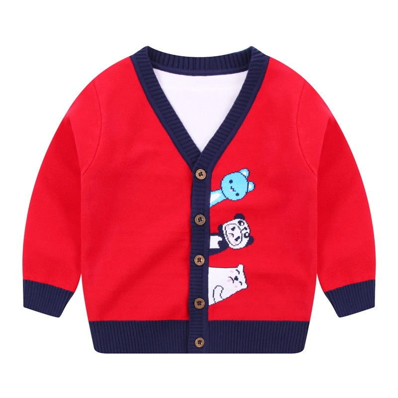 New Toddler Boy Cartoon Animals Knitted Cardigan - Red, Navy Blue, Yellow