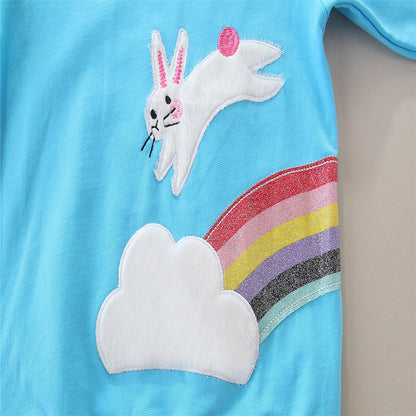 Children's Cute Running Bunny Print Long Sleeve Cotton Sweatshirt - Blue.