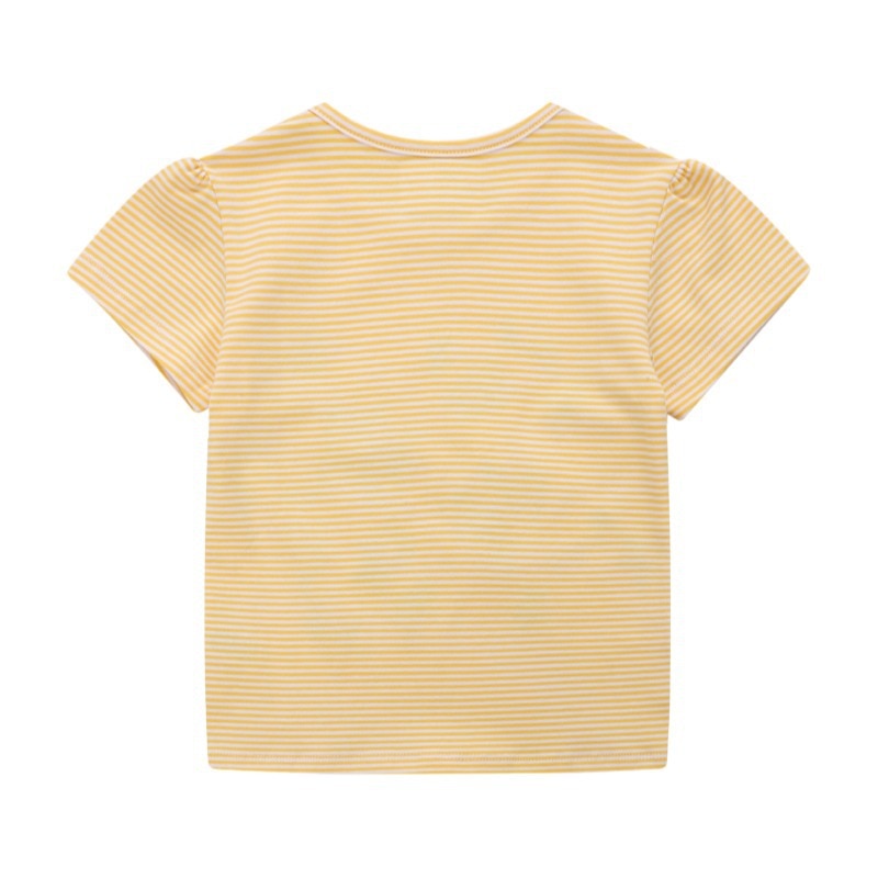Girls Summer Short Sleeve Cotton T-shirt with Animals Embroidery - Striped Yellow, Light Pink.