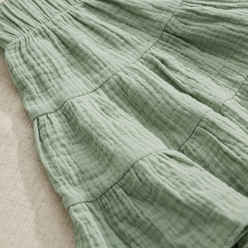 2022 Summer Girls Solid Colour 100% Cotton Ruffle Skirt - Green, Dark Green, Black, Dark Pink, Khaki, Grey.