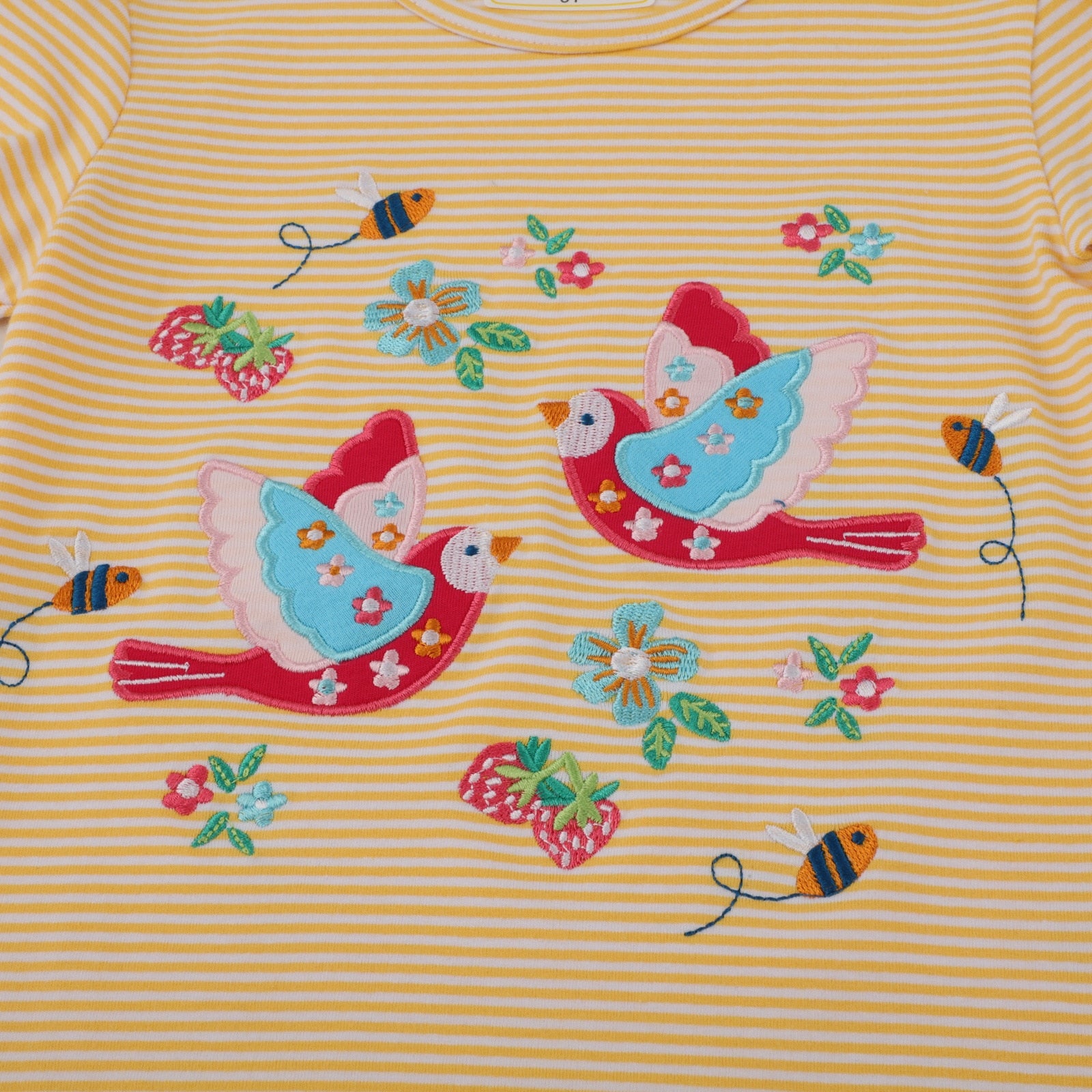 Girls Summer Short Sleeve Cotton T-shirt with Animals Embroidery - Bright Pink, Striped Yellow.