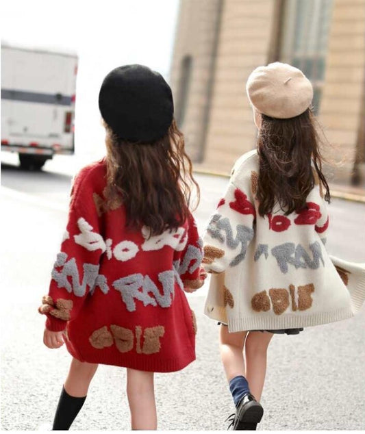 Girls Geometric Pattern Letters Print Long Knitted Cardigan - Red.