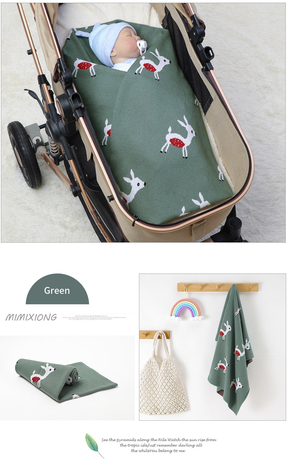 Newborn Babies' Knitted Cute Deer Super Soft Cotton Blankets - Grey, Brown, Green.