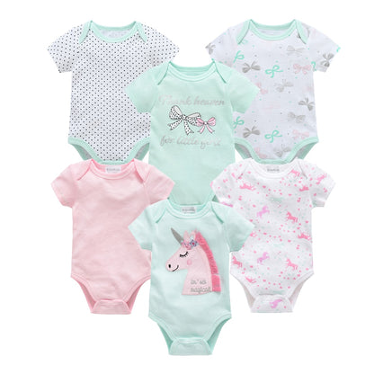 6 pcs/pack Baby Girls Short Sleeve Cartoon Print Cotton Bodysuits - Black, White, Pink, Green