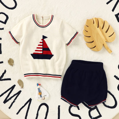 Baby Boys Girls Summer 2pcs Short Sleeve Cotton Outfit, Top + Shorts - Cream, Navy.