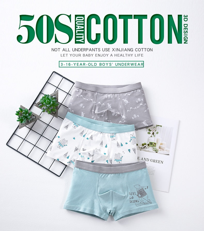 Boys Cartoon Print Cotton Underpants 3pcs - White, Light Blue