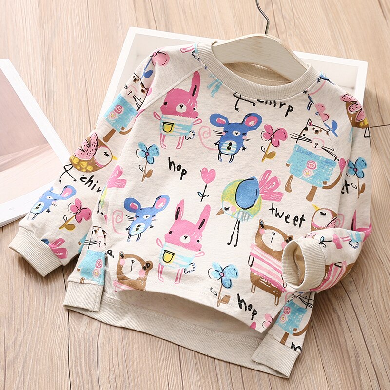 Baby Girls Cartoon Animal Print Long Sleeve Cotton Loose Sweatshirt - Beige.