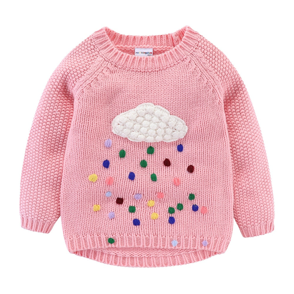 Children's Colourful Cloud and Rains Knitted Pullover - Pink, Red, Navy Blue, Grey.